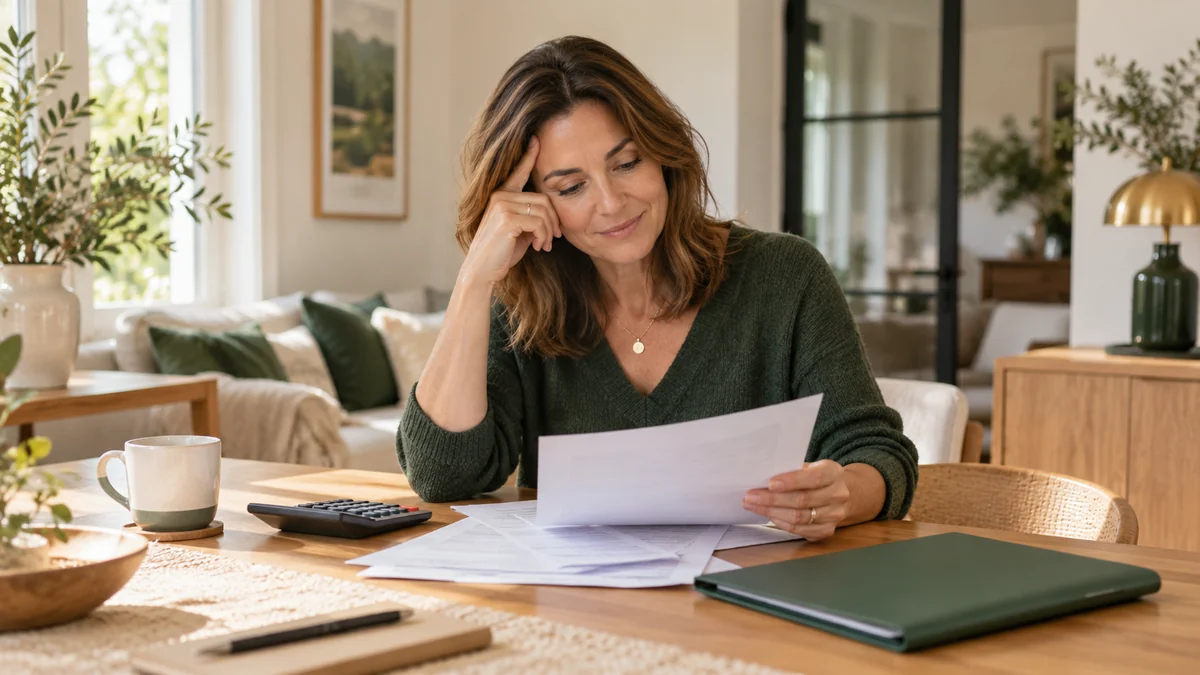 Une femme consulte ses documents hypothécaires à la maison.