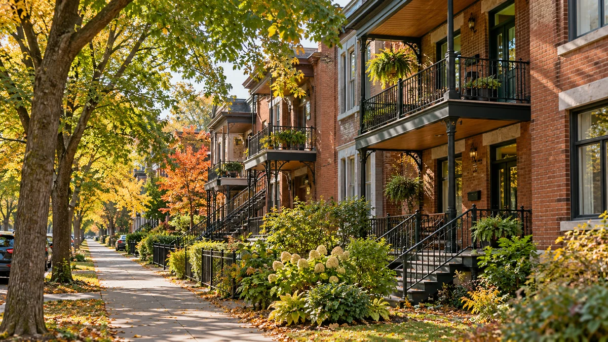 Une rue résidentielle bordée de plex en brique et d'arbres.