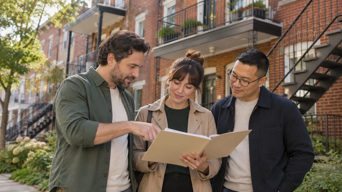 Trois personnes discutent d'un dossier devant un immeuble à logements.