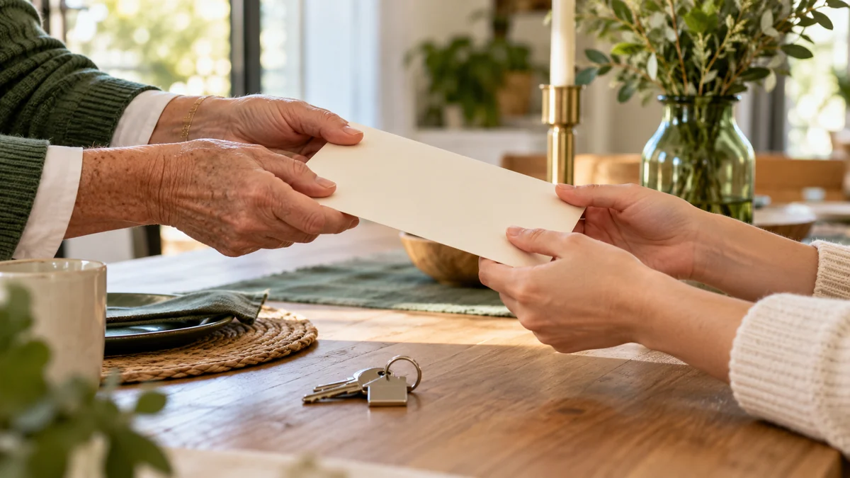 Une personne aînée remet une enveloppe à une personne plus jeune.