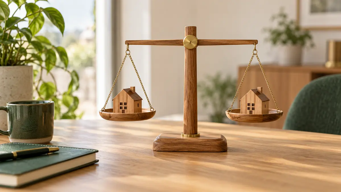 Une balance en bois avec deux petites maisons, symbolisant la comparaison entre taux fixe et taux variable.